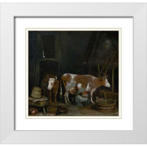 A Maid Milking a Cow in a Barn White Modern Wood Framed Art Print with Double Matting by Ter Borch, Gerard