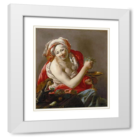 Bacchante with an Ape White Modern Wood Framed Art Print with Double Matting by Ter Brugghen, Hendrick