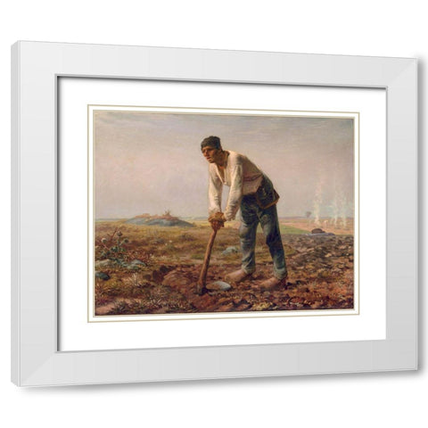 Man with a Hoe White Modern Wood Framed Art Print with Double Matting by Millet, Jean-Francois