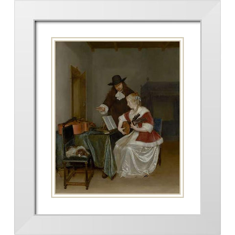The Music Lesson White Modern Wood Framed Art Print with Double Matting by Ter Borch, Gerard