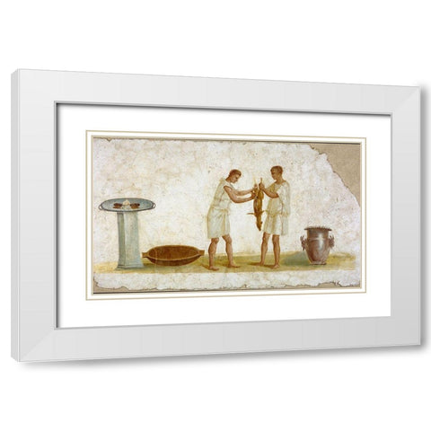 Fragment of a Fresco Panel with a Meal Preparation White Modern Wood Framed Art Print with Double Matting by Artisan, Unknown 2nd Century Roman