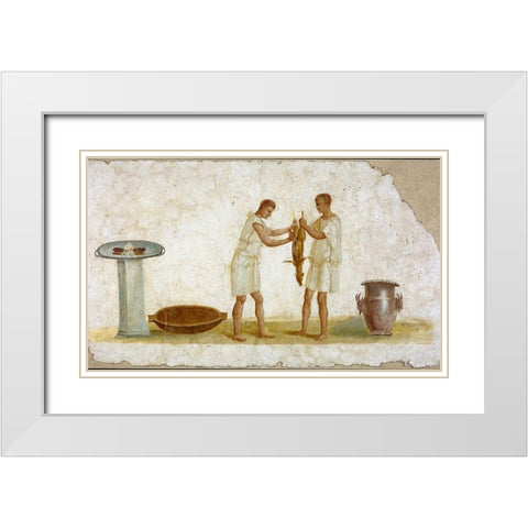 Fragment of a Fresco Panel with a Meal Preparation White Modern Wood Framed Art Print with Double Matting by Artisan, Unknown 2nd Century Roman