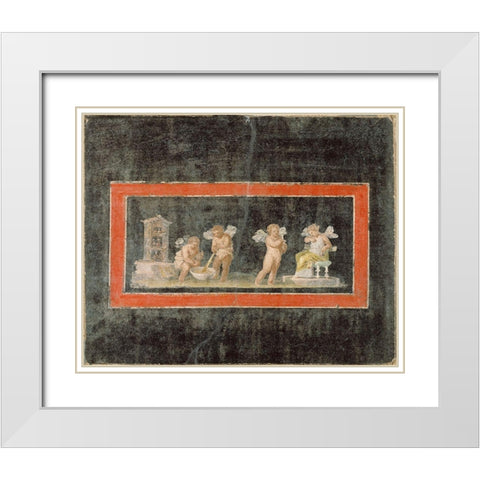Fresco Fragment with Cupids and Psyche Making Perfume White Modern Wood Framed Art Print with Double Matting by Artisan, Unknown 1st Century Roman
