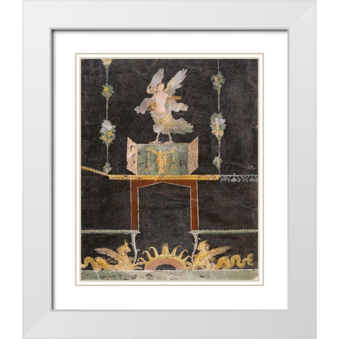 Wall fragment with Siren, Sea Monsters and Niche on Black Ground White Modern Wood Framed Art Print with Double Matting by Artisan, Unknown 1st Century Roman