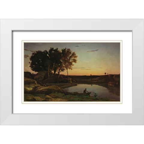 Landscape with Lake and Boatman White Modern Wood Framed Art Print with Double Matting by Corot, Jean-Baptiste-Camille