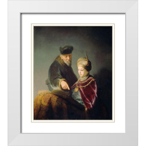 A Young Scholar and his Tutor White Modern Wood Framed Art Print with Double Matting by Rembrandt Harmensz van Rijn, Workshop of