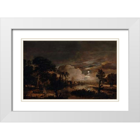 Moonlit Landscape with a View of the New Amstel River and Castle Kostverloren White Modern Wood Framed Art Print with Double Matting by Van Der Neer, Aert