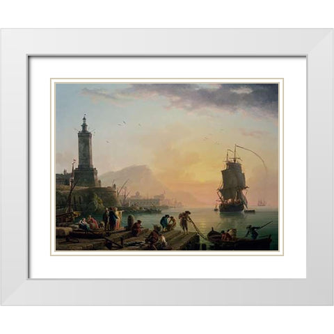A Calm at a Mediterranean Port White Modern Wood Framed Art Print with Double Matting by Vernet, Claude-Joseph