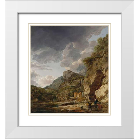 Mountain Landscape with River and Wagon White Modern Wood Framed Art Print with Double Matting by Nauwincx, Herman and Schellinks, Willem