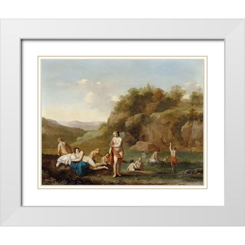 Landscape with Bathing Nudes White Modern Wood Framed Art Print with Double Matting by Poelenburgh, Cornelis van