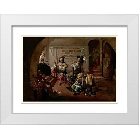 Interior with Soldiers and Women White Modern Wood Framed Art Print with Double Matting by Duck, Jacob