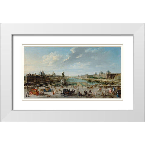 A View of Paris from the Pont Neuf White Modern Wood Framed Art Print with Double Matting by Raguenet, Jean-Baptiste