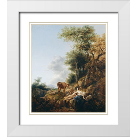 Landscape with a Nymph and a Satyr White Modern Wood Framed Art Print with Double Matting by Berchem, Nicolaes