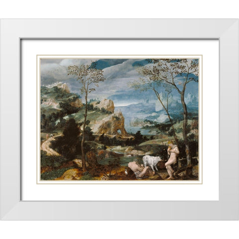 Landscape with Mercury and Argus White Modern Wood Framed Art Print with Double Matting by Painter, Unknown 16th Century Flemish