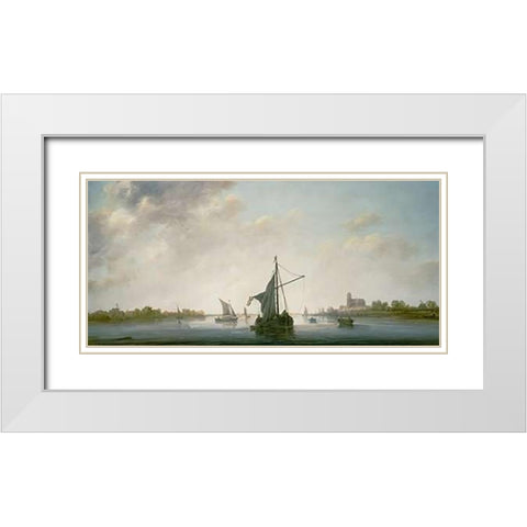 A View of the Maas at Dordrecht White Modern Wood Framed Art Print with Double Matting by Cuyp, Aelbert