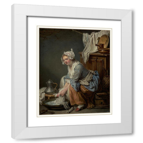 The Laundress (La Blanchisseuse) White Modern Wood Framed Art Print with Double Matting by Greuze, Jean-Baptiste