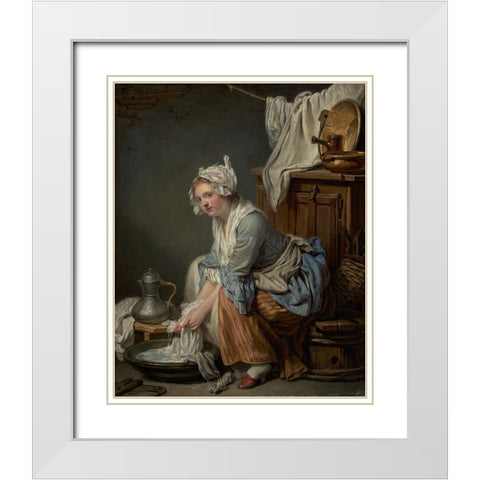 The Laundress (La Blanchisseuse) White Modern Wood Framed Art Print with Double Matting by Greuze, Jean-Baptiste