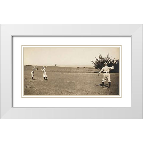 Three Boys With A Ball And Bat, Playing One Old Cat White Modern Wood Framed Art Print with Double Matting by A.G. Spalding Baseball Collection