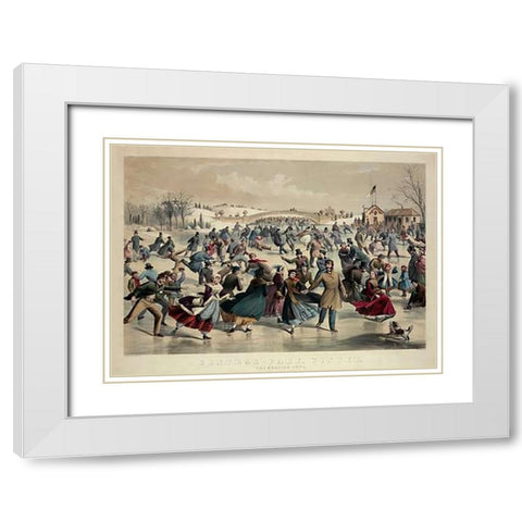 Central-Park, Winter - The Skating Pond, New York, 1862 White Modern Wood Framed Art Print with Double Matting by Ives, Currier and