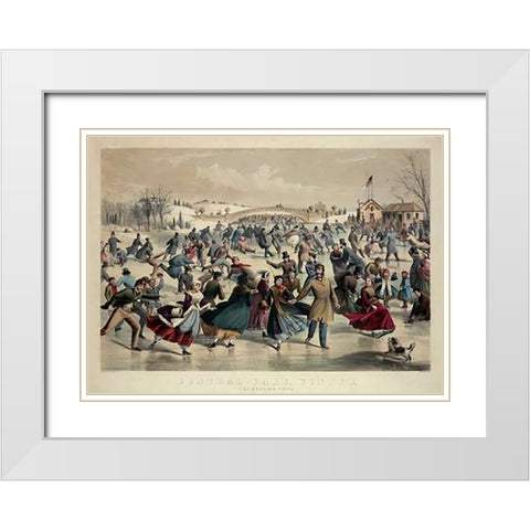 Central-Park, Winter - The Skating Pond, New York, 1862 White Modern Wood Framed Art Print with Double Matting by Ives, Currier and