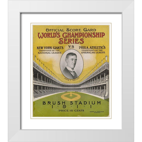 Offical Score Card Worlds Championship Series - New York Giants vs Philadelphia Athletics, 1880 White Modern Wood Framed Art Print with Double Matting by Stevens,
