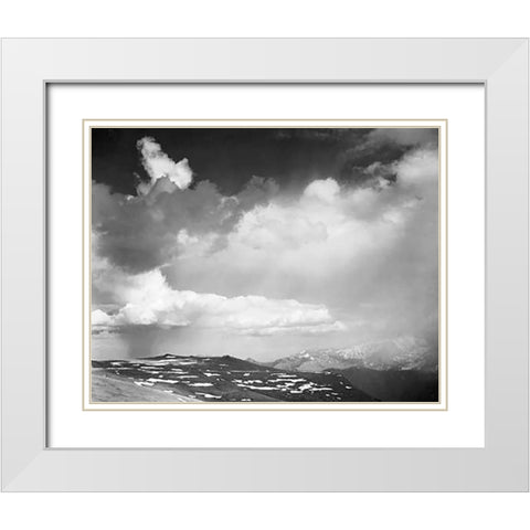 Mountain tops, low horizon, dramatic clouded sky, in Rocky Mountain National Park, Colorado, ca. 194 White Modern Wood Framed Art Print with Double Matting by Adams, Ansel