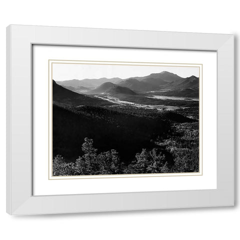 Valley surrounded by mountains, in Rocky Mountain National Park, Colorado, ca. 1941-1942 White Modern Wood Framed Art Print with Double Matting by Adams, Ansel