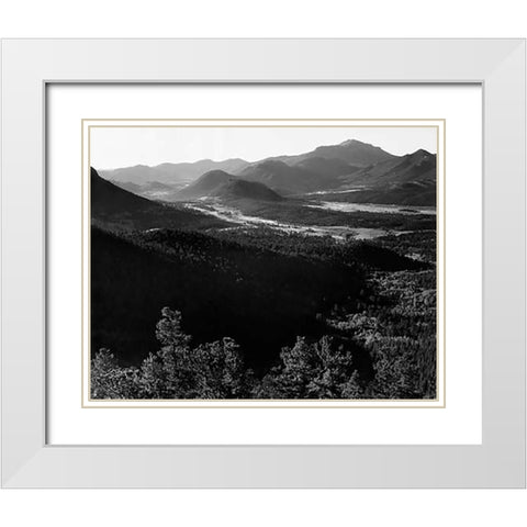 Valley surrounded by mountains, in Rocky Mountain National Park, Colorado, ca. 1941-1942 White Modern Wood Framed Art Print with Double Matting by Adams, Ansel
