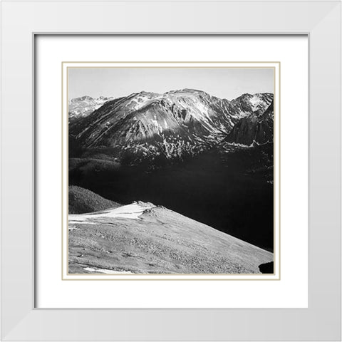 Panorama of barren mountains and shadowed valley, in Rocky Mountain National Park, Colorado, ca. 194 White Modern Wood Framed Art Print with Double Matting by Adams, Ansel