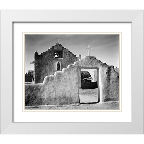 Full side view of entrance with gate to the right, Church, Taos Pueblo National Historic Landmark, N White Modern Wood Framed Art Print with Double Matting by Adams, Ansel
