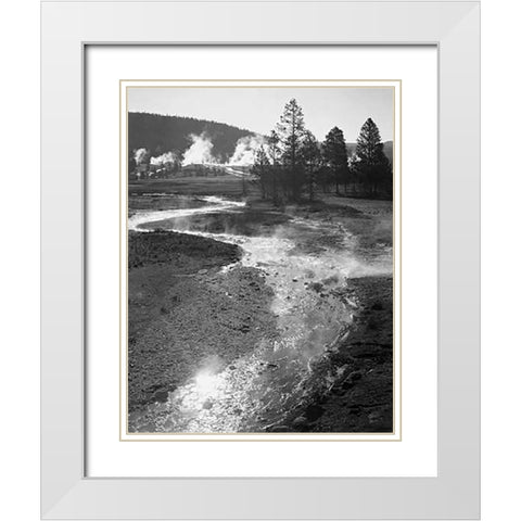 Stream winding back toward geyser, Central Geyser Basin, Yellowstone National Park, Wyoming, ca. 194 White Modern Wood Framed Art Print with Double Matting by Adams, Ansel
