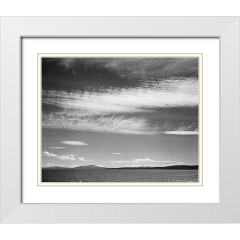 Lake, narrow strip of mountains, low horizon, Yellowstone Lake, Yellowstone National Park, Wyoming,  White Modern Wood Framed Art Print with Double Matting by Adams, Ansel