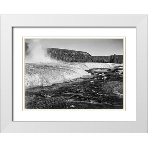 River in foreground, trees behind, Firehold River, Yellowstone National Park, Wyoming, ca. 1941-1942 White Modern Wood Framed Art Print with Double Matting by Adams, Ansel