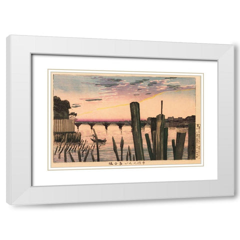 Breakwater Stakes and Ry?goku Bridge White Modern Wood Framed Art Print with Double Matting by Kiyochika, Kobayashi