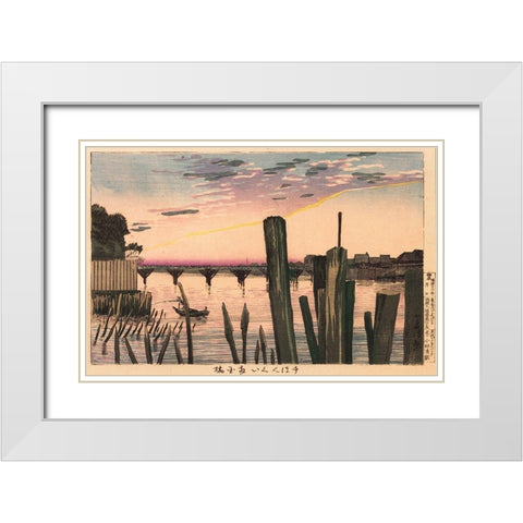 Breakwater Stakes and Ry?goku Bridge White Modern Wood Framed Art Print with Double Matting by Kiyochika, Kobayashi