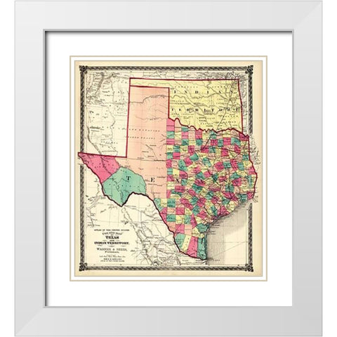 County Map of Texas, and Indian Territory, 1874 White Modern Wood Framed Art Print with Double Matting by H.H. Lloyd and Company