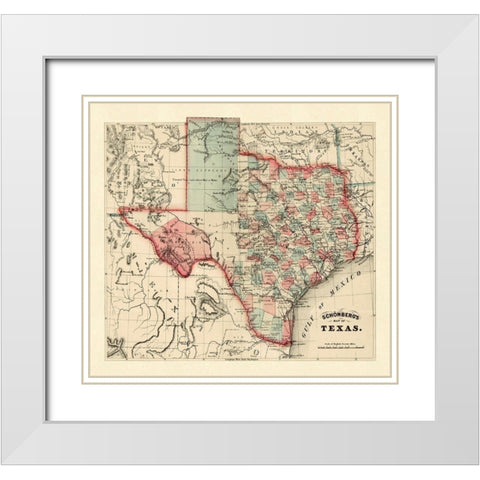 Schonbergs map of Texas, 1866 White Modern Wood Framed Art Print with Double Matting by Schonberg and Co.,