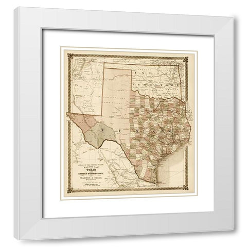 County Map of Texas, and Indian Territory, 1874 - Decorative Sepia White Modern Wood Framed Art Print with Double Matting by H.H. Lloyd and Company