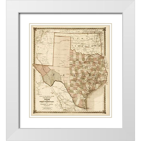 County Map of Texas, and Indian Territory, 1874 - Decorative Sepia White Modern Wood Framed Art Print with Double Matting by H.H. Lloyd and Company