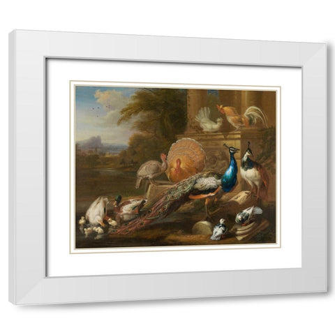 Peacocks, Doves, Turkeys, Chickens and Ducks by a Classical Ruin White Modern Wood Framed Art Print with Double Matting by Cradock, Marmaduke