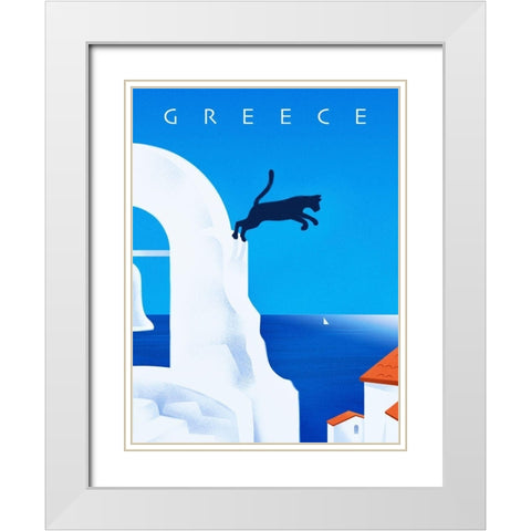 Greece - Leaping Cat White Modern Wood Framed Art Print with Double Matting by Wickstrom, Martin