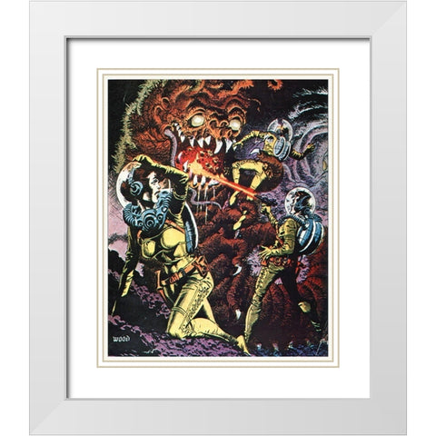 Space Explorers Battle a Beast - Preproduction Art By Wood, Unknown Film White Modern Wood Framed Art Print with Double Matting by Hollywood Photo Archive