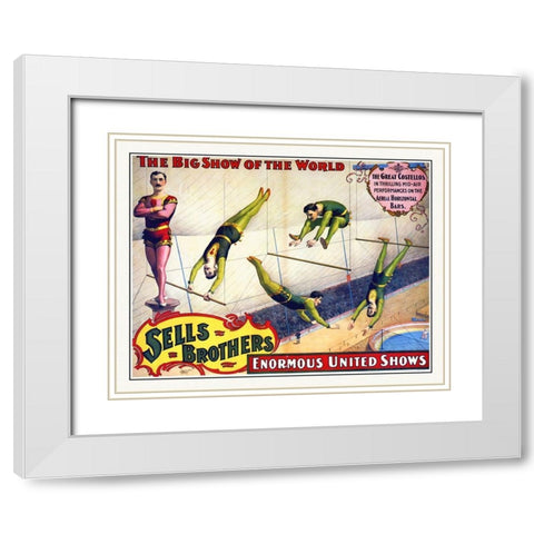 Sells Brothers Enormous United Shows - The Great Costellos - On The Aerial Horizontal Bars White Modern Wood Framed Art Print with Double Matting by Hollywood Photo Archive