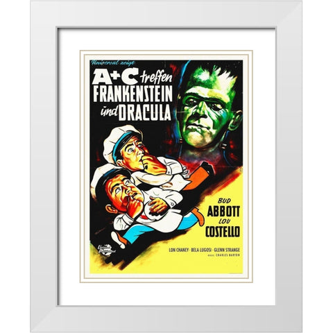 Abbott and Costello - German - Frankenstein And Dracula White Modern Wood Framed Art Print with Double Matting by Hollywood Photo Archive