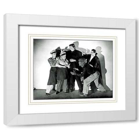 Abbott and Costello - Promotional Still with Frankenstein, Dracula and Wolfman White Modern Wood Framed Art Print with Double Matting by Hollywood Photo Archive