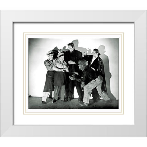 Abbott and Costello - Promotional Still with Frankenstein, Dracula and Wolfman White Modern Wood Framed Art Print with Double Matting by Hollywood Photo Archive