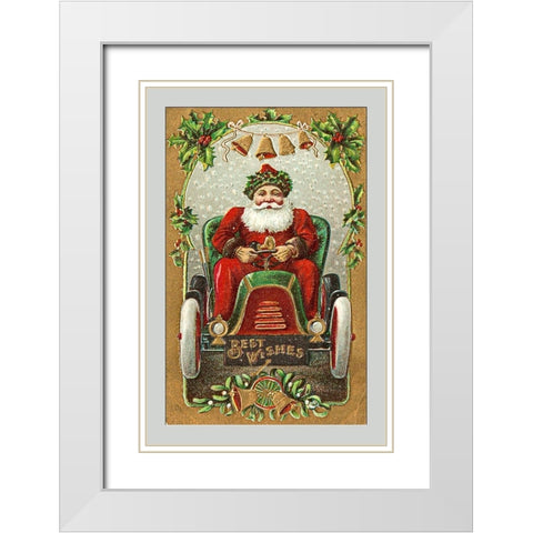 Santa Litho in Car - Best Wishes White Modern Wood Framed Art Print with Double Matting by Hollywood Photo Archive