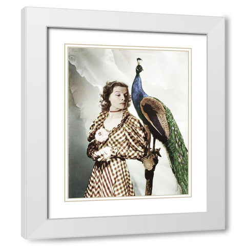 Katherine Hepburn with Peacock White Modern Wood Framed Art Print with Double Matting by Hollywood Photo Archive