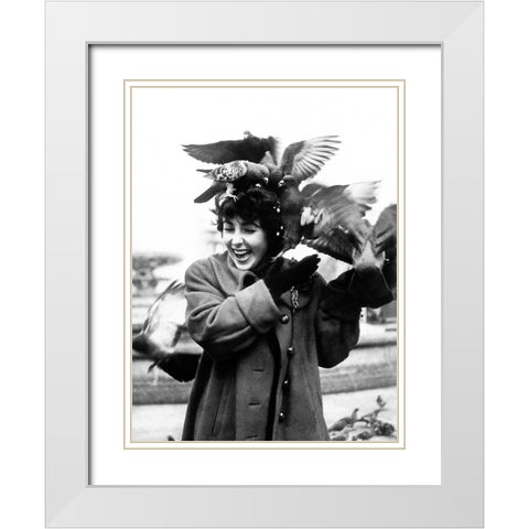 Elizabeth Taylor with pigeons White Modern Wood Framed Art Print with Double Matting by Hollywood Photo Archive