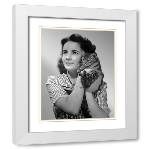 Elizabeth Taylor with kitten White Modern Wood Framed Art Print with Double Matting by Hollywood Photo Archive